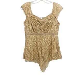 Vintage Tan Lace Asymmetrical Hem Tank Top Empire Waist Fairy Size Medium